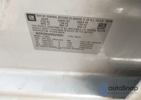 2015 Chevrolet Silverado 1500 1Lt из США, поврежденный, VIN 3GCPCREH0FG375531